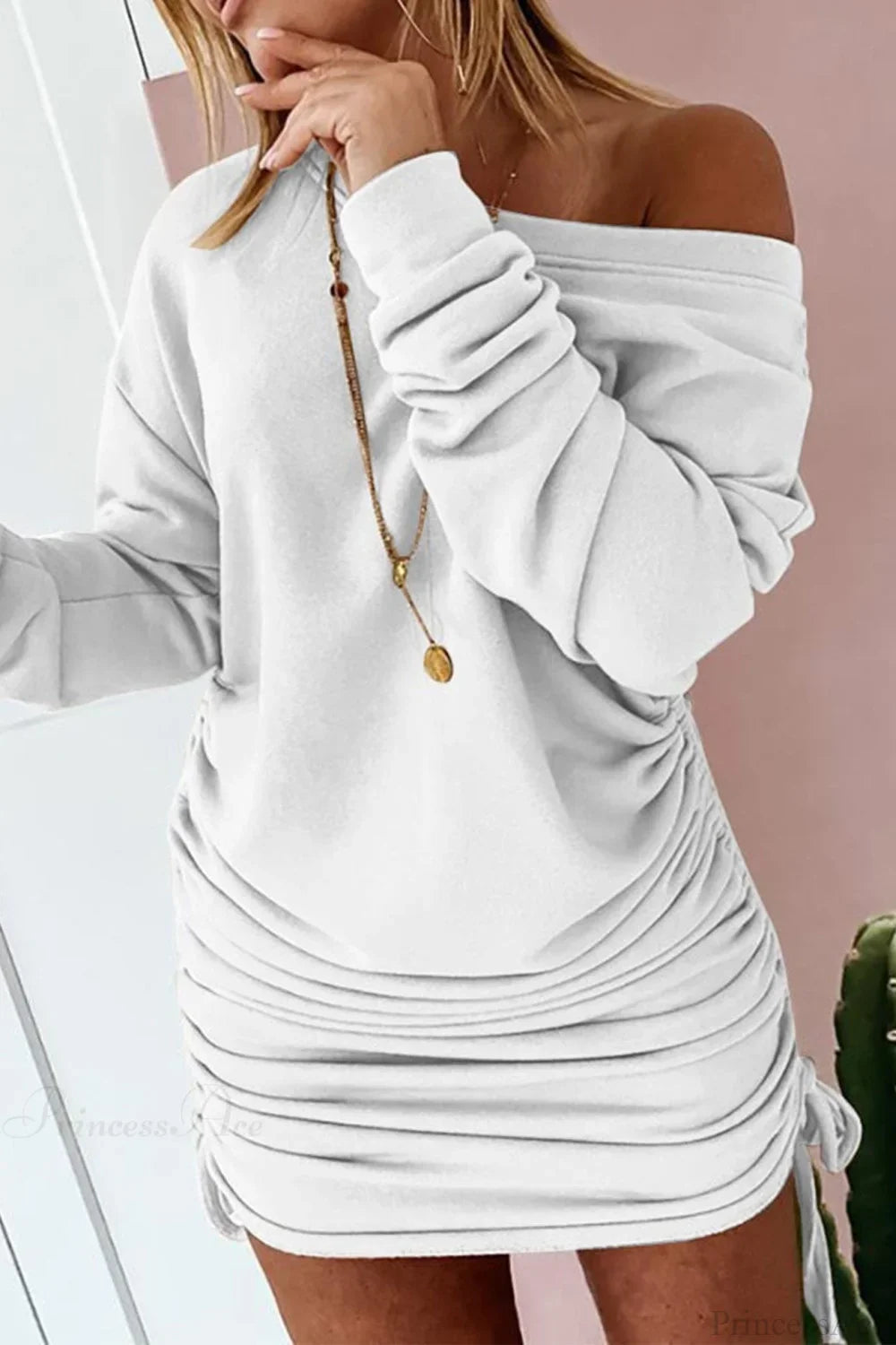 Gathering Dress With Drop Shoulder And Drawstring