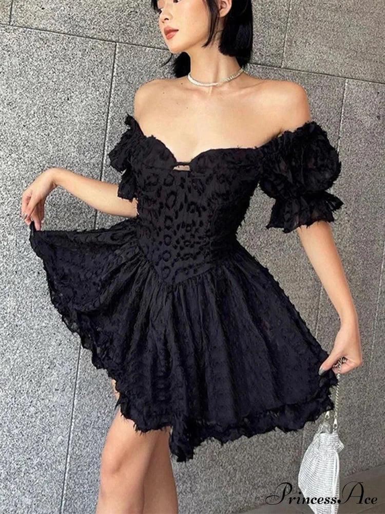 Gothic Lolita Vintage High Waist Black Ball Gown Goth Puff Sleeve V-Neck Dress