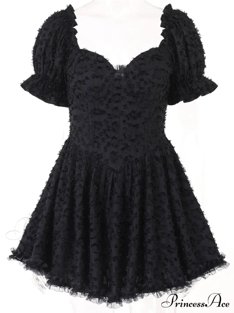Gothic Lolita Vintage High Waist Black Ball Gown Goth Puff Sleeve V-Neck Dress