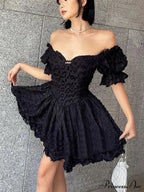 Gothic Lolita Vintage High Waist Black Ball Gown Goth Puff Sleeve V-Neck Dress