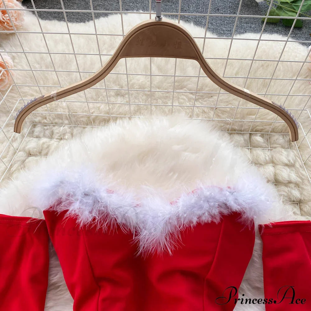 Gown Red For Backless Furry Strapless Elegant - Women Party Year/Christmas/Femme