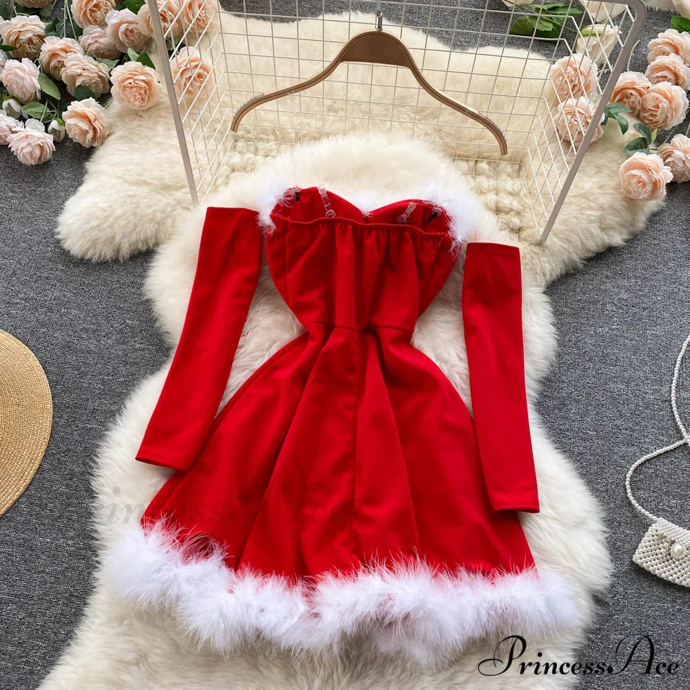 Gown Red For Backless Furry Strapless Elegant - Women Party Year/Christmas/Femme