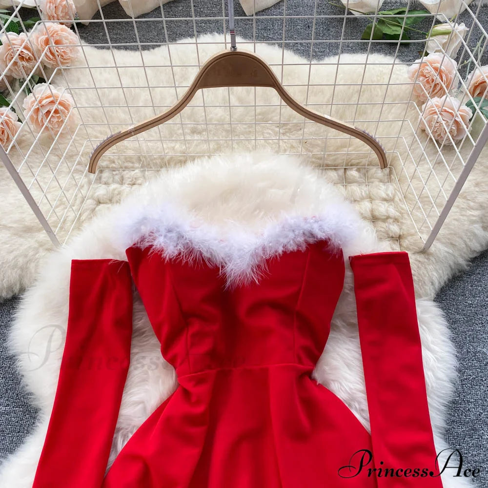 Gown Red For Backless Furry Strapless Elegant - Women Party Year/Christmas/Femme