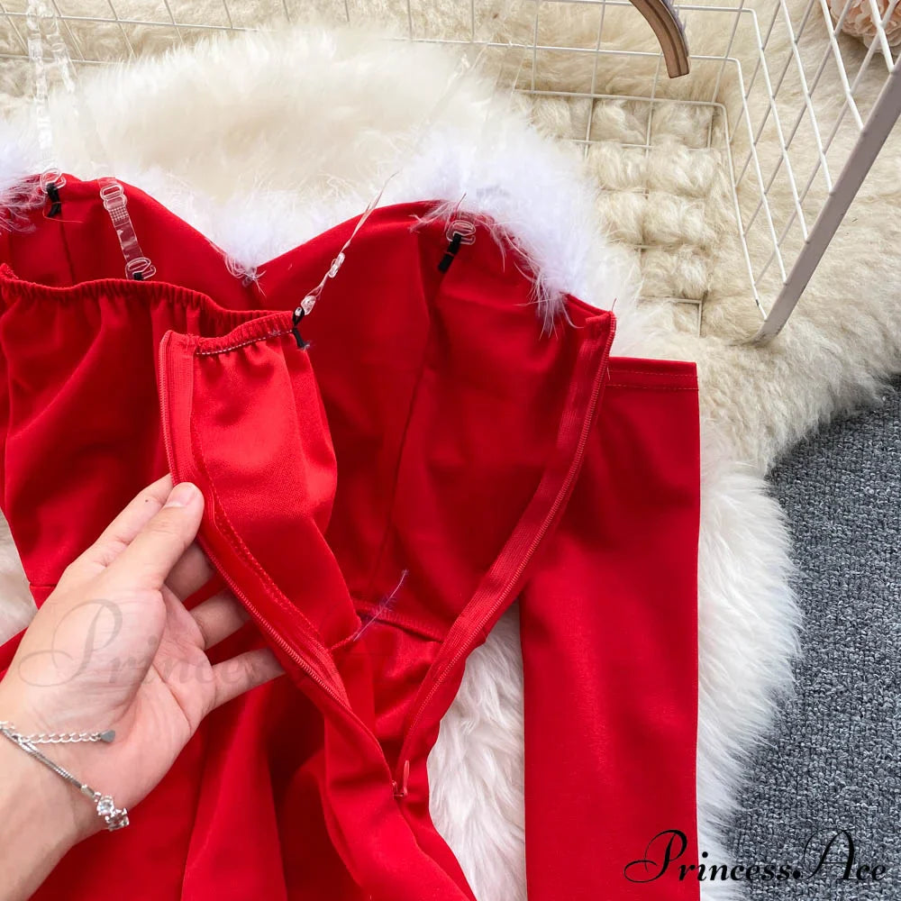 Gown Red For Backless Furry Strapless Elegant - Women Party Year/Christmas/Femme