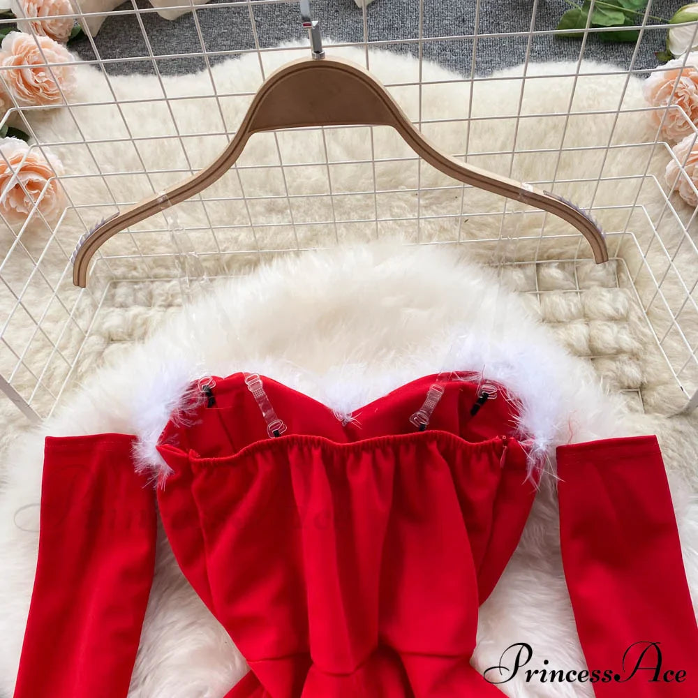 Gown Red For Backless Furry Strapless Elegant - Women Party Year/Christmas/Femme