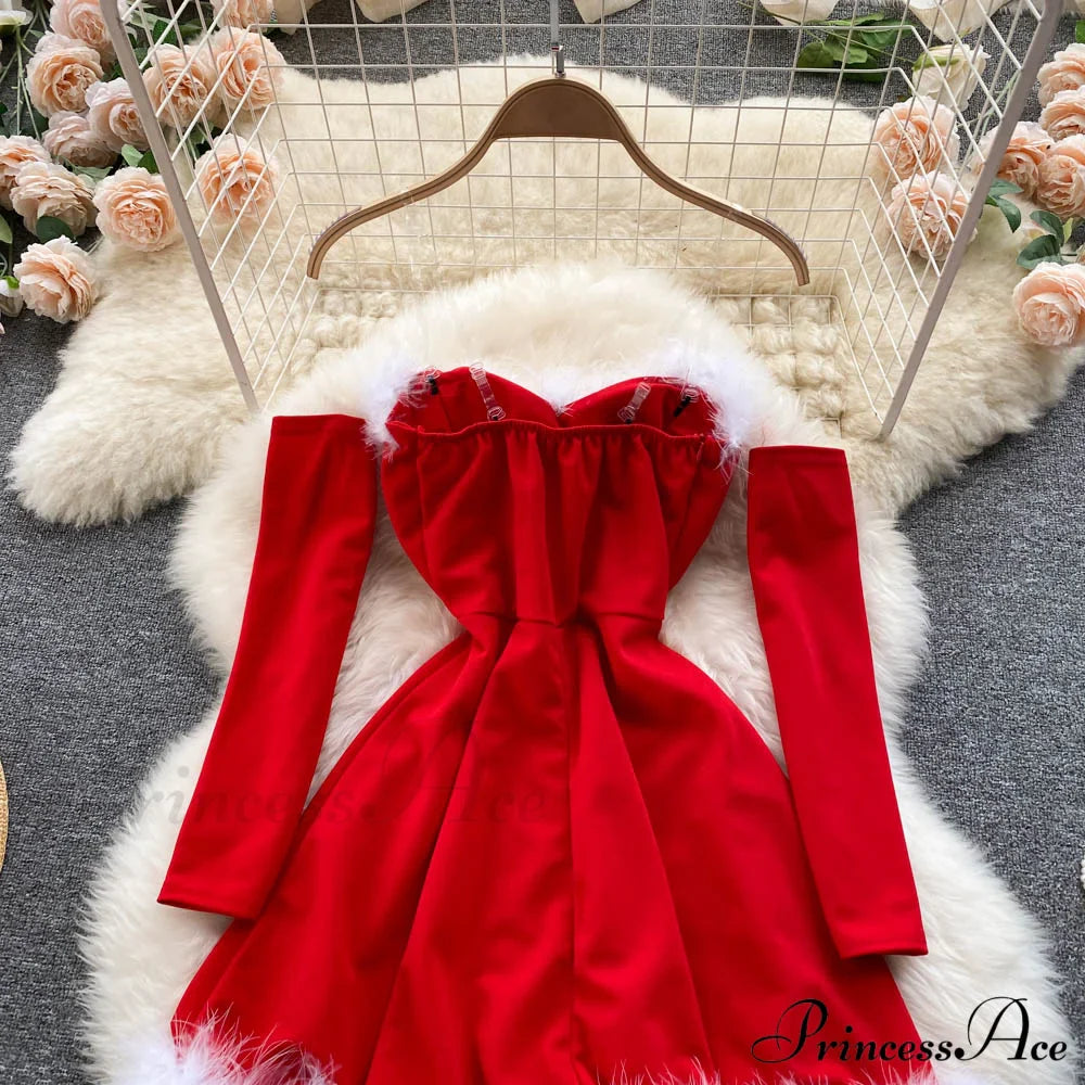 Gown Red For Backless Furry Strapless Elegant - Women Party Year/Christmas/Femme