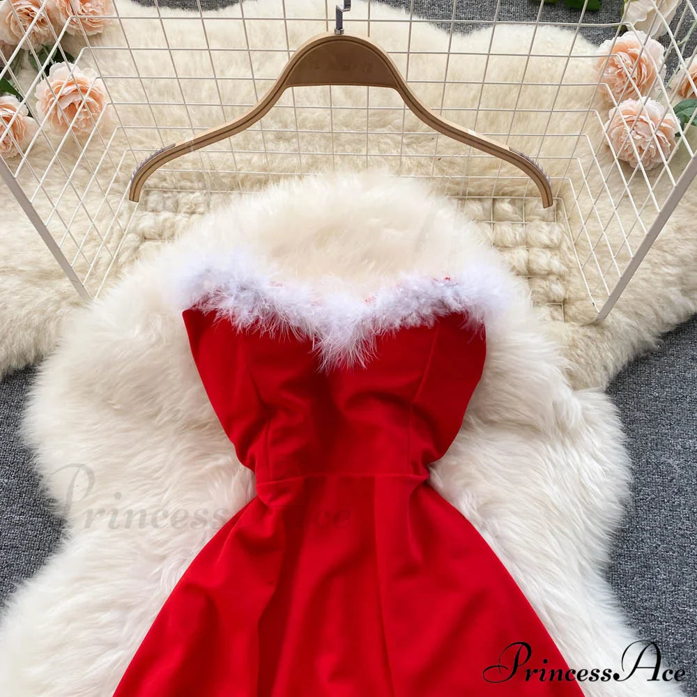 Gown Red For Backless Furry Strapless Elegant - Women Party Year/Christmas/Femme