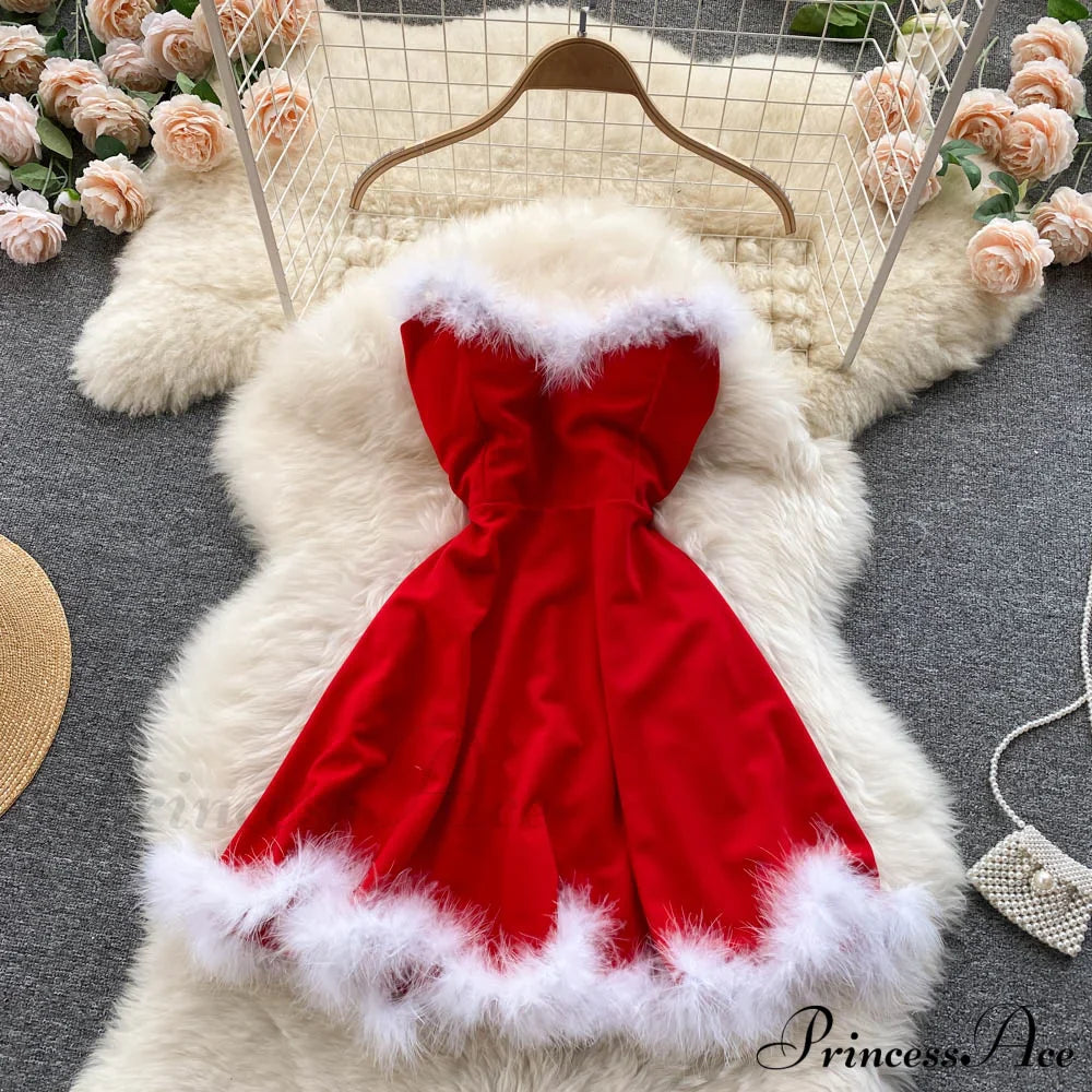 Gown Red For Backless Furry Strapless Elegant - Women Party Year/Christmas/Femme
