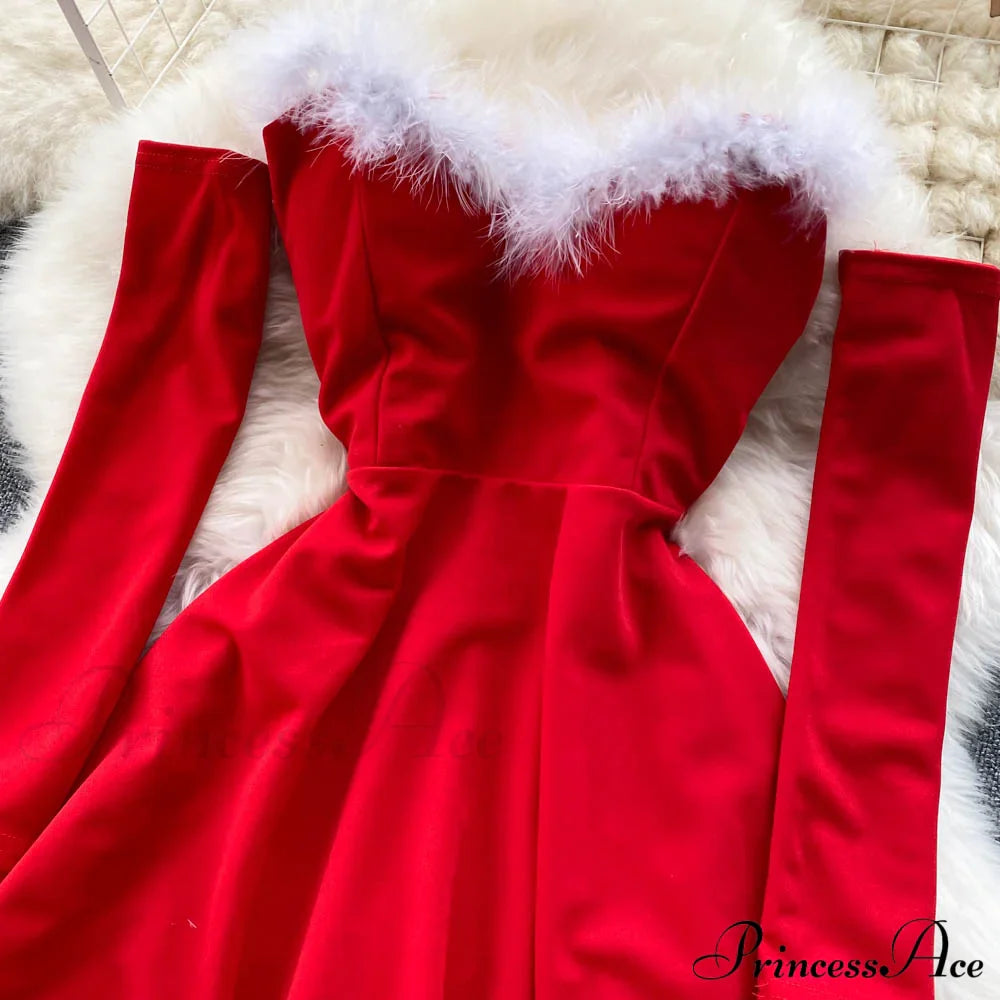 Gown Red For Backless Furry Strapless Elegant - Women Party Year/Christmas/Femme