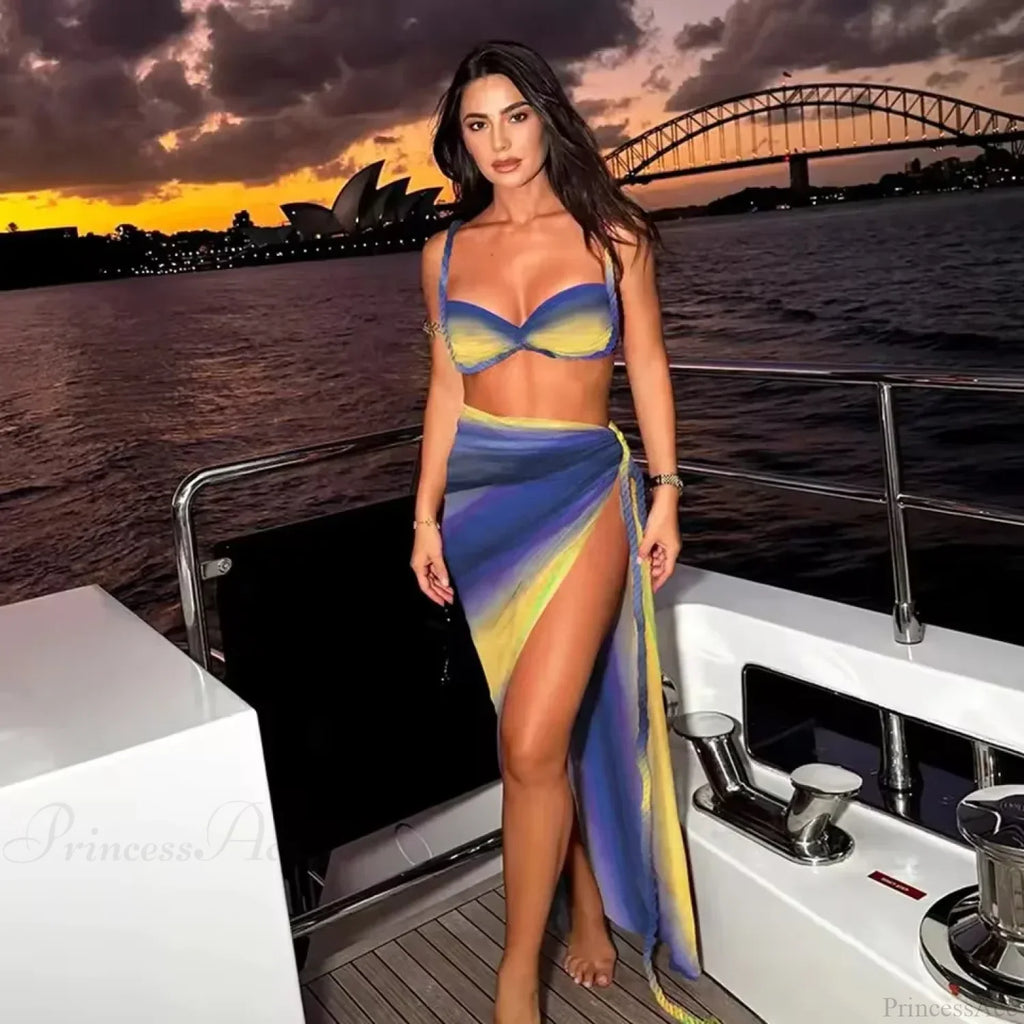 Gradient Bikini Set With Long Skirt Three Piece Swimsuit