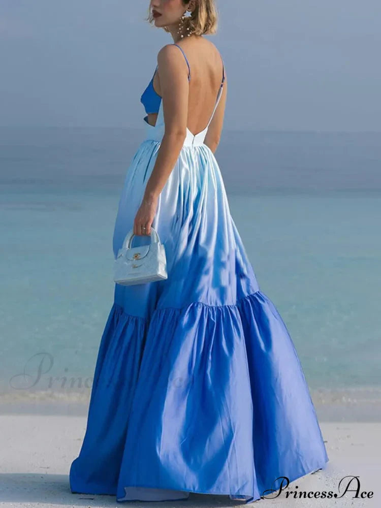 Gradient Color Print Cutout Graceful Waist Tiered Maxi Dress