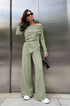 Gray Knit Off-The-Shoulder High Waist Wide Leg Two Piece Set