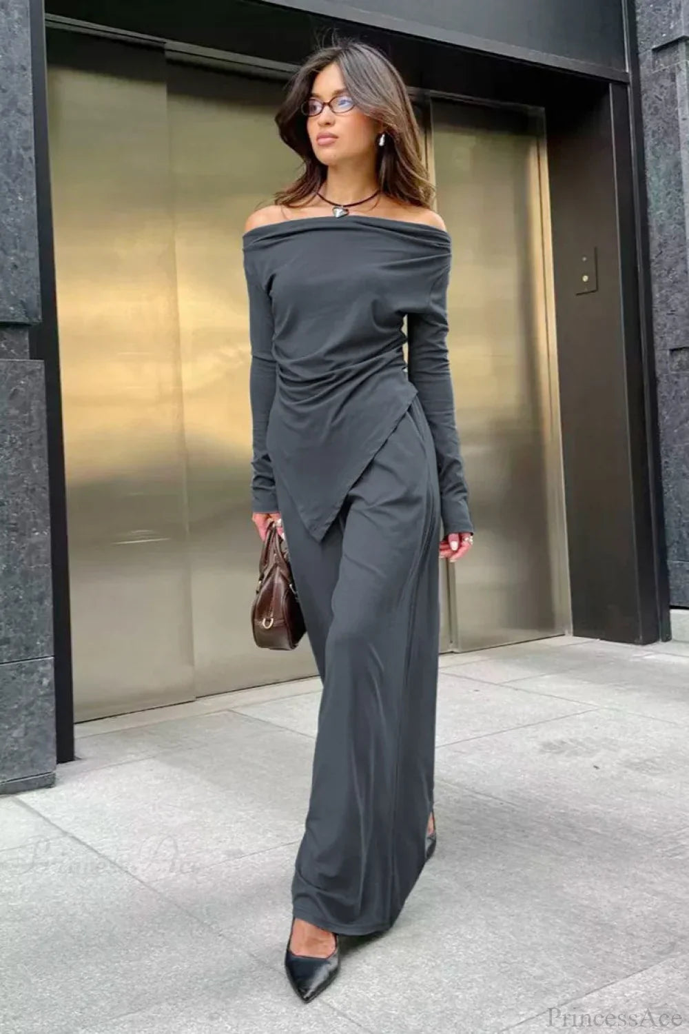 Gray Knit Off-The-Shoulder High Waist Wide Leg Two Piece Set