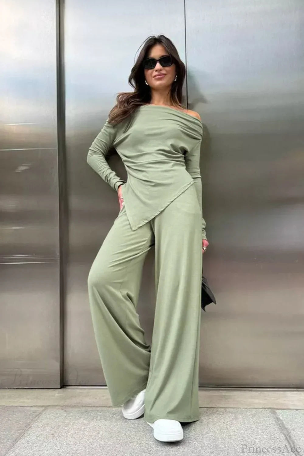 Gray Knit Off-The-Shoulder High Waist Wide Leg Two Piece Set