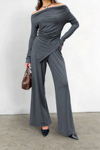 Gray Knit Off-The-Shoulder High Waist Wide Leg Two Piece Set