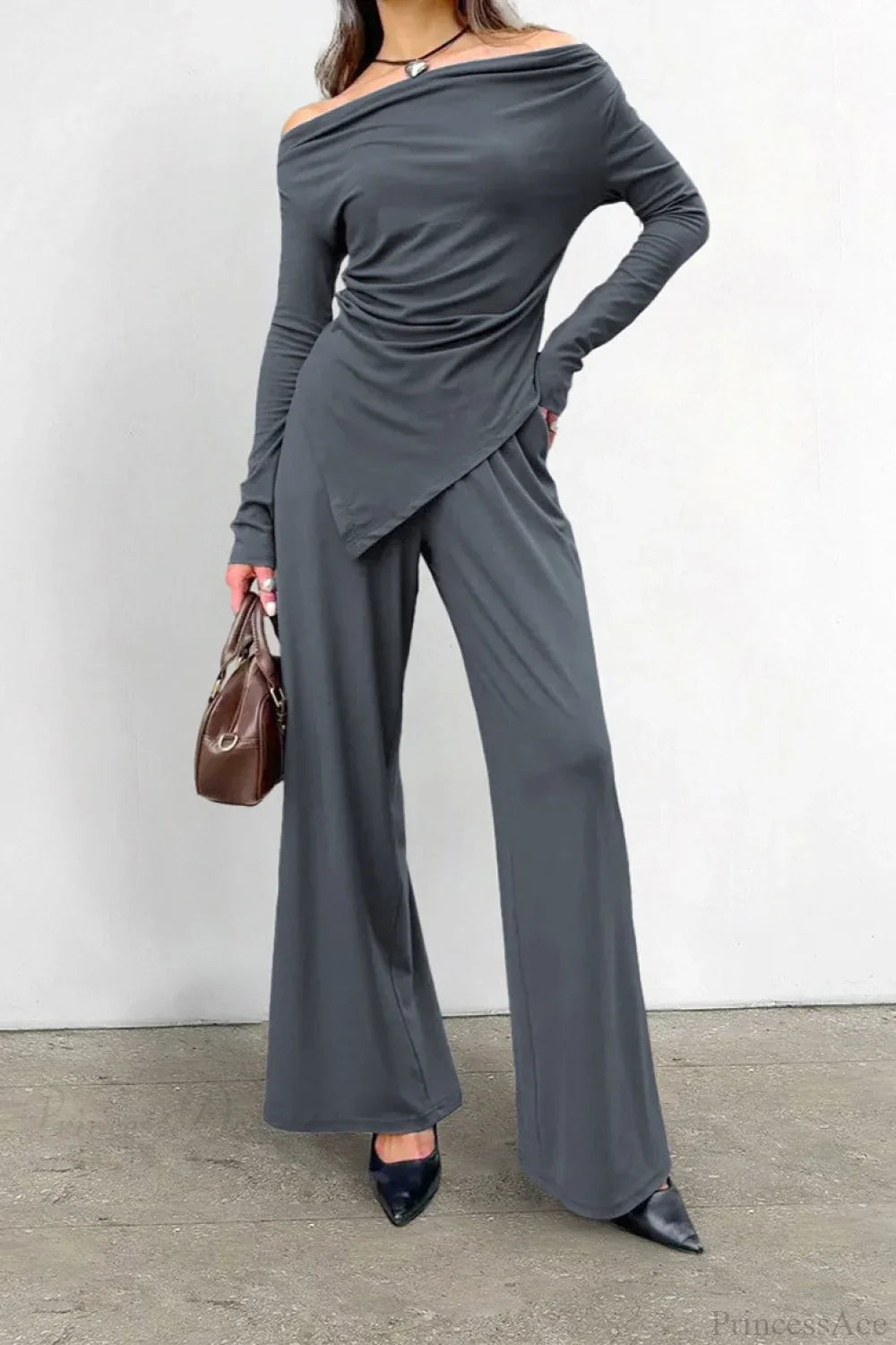 Gray Knit Off-The-Shoulder High Waist Wide Leg Two Piece Set