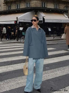 Gray Lapel Buttoned Elegant Loose Long Sleeves Stylish Coat