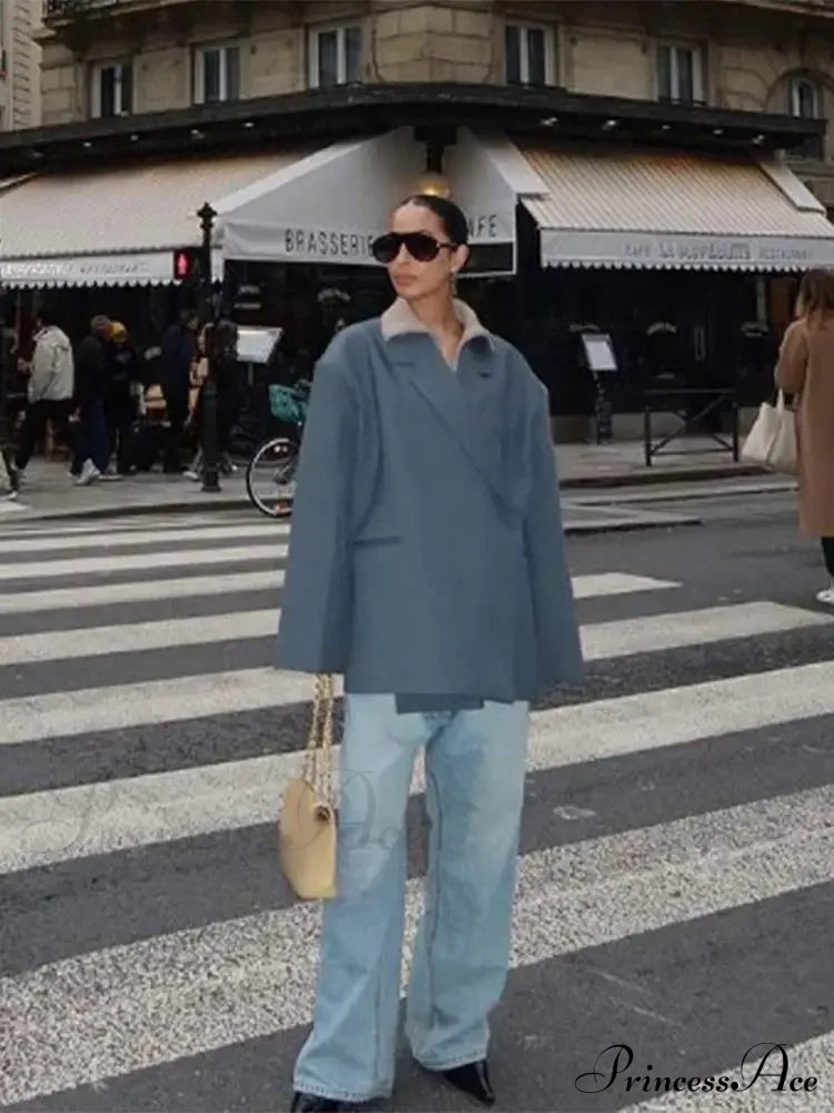 Gray Lapel Buttoned Elegant Loose Long Sleeves Stylish Coat