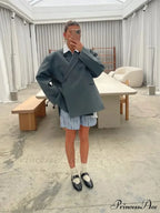 Gray Lapel Buttoned Elegant Loose Long Sleeves Stylish Coat
