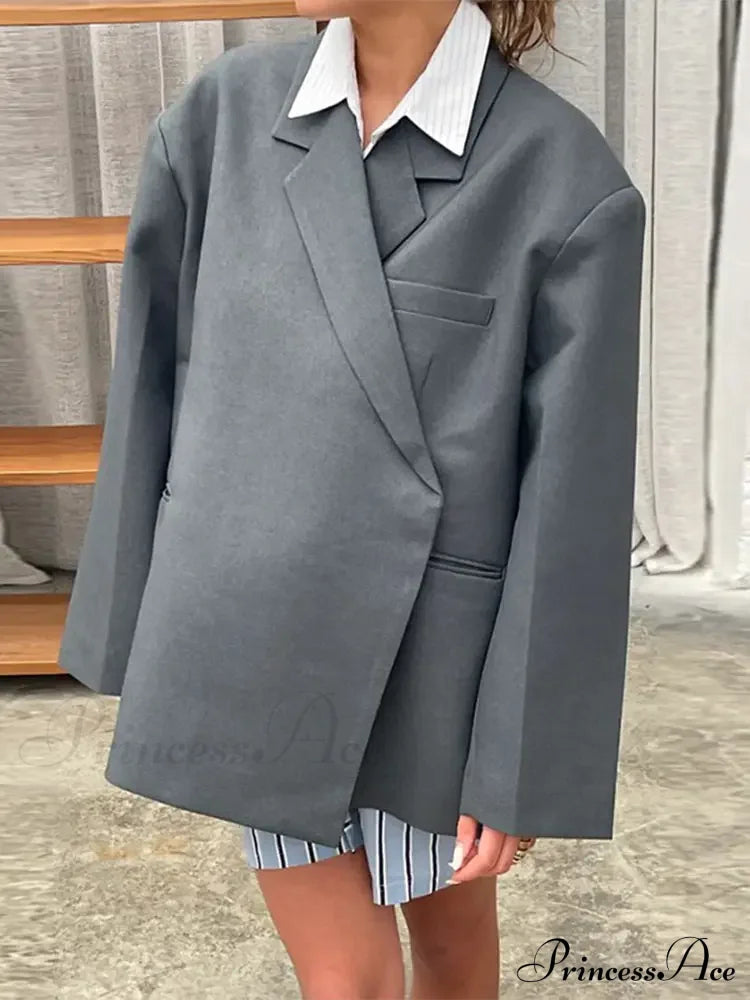 Gray Lapel Buttoned Elegant Loose Long Sleeves Stylish Coat