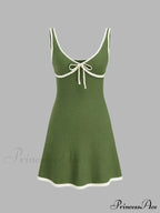 Green Contrast Seam Charming V-Neck Knit Mini Dress