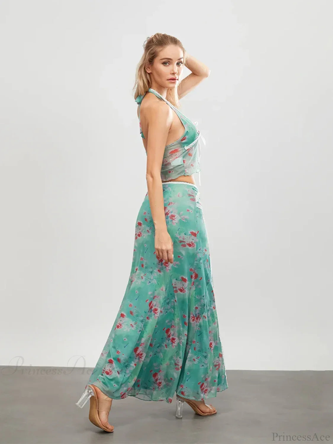 Green Floral Sleeveless Tie-Up Halter Backless Long Dress