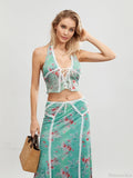 Green Floral Sleeveless Tie-Up Halter Backless Long Dress