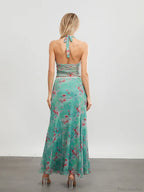 Green Floral Sleeveless Tie-Up Halter Backless Long Dress