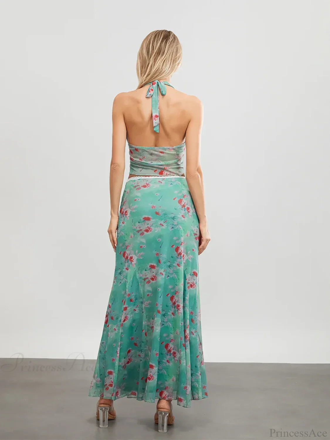 Green Floral Sleeveless Tie-Up Halter Backless Long Dress