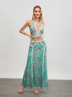 Green Floral Sleeveless Tie-Up Halter Backless Long Dress