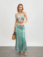 Green Floral Sleeveless Tie-Up Halter Backless Long Dress