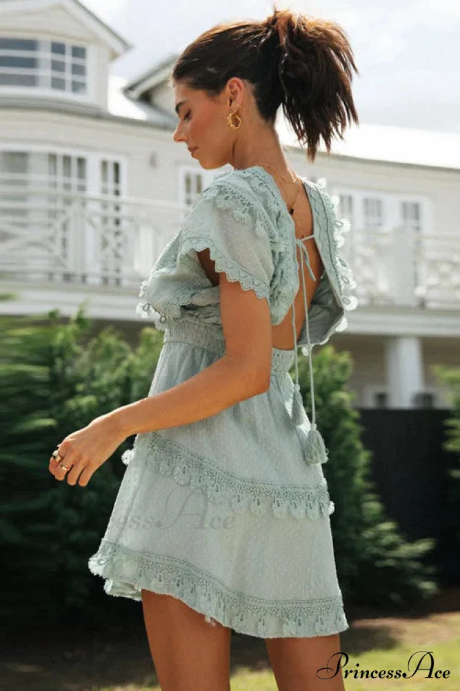 Green Lace Batwing Sleeve Backless Dress For Summer Casual Wear