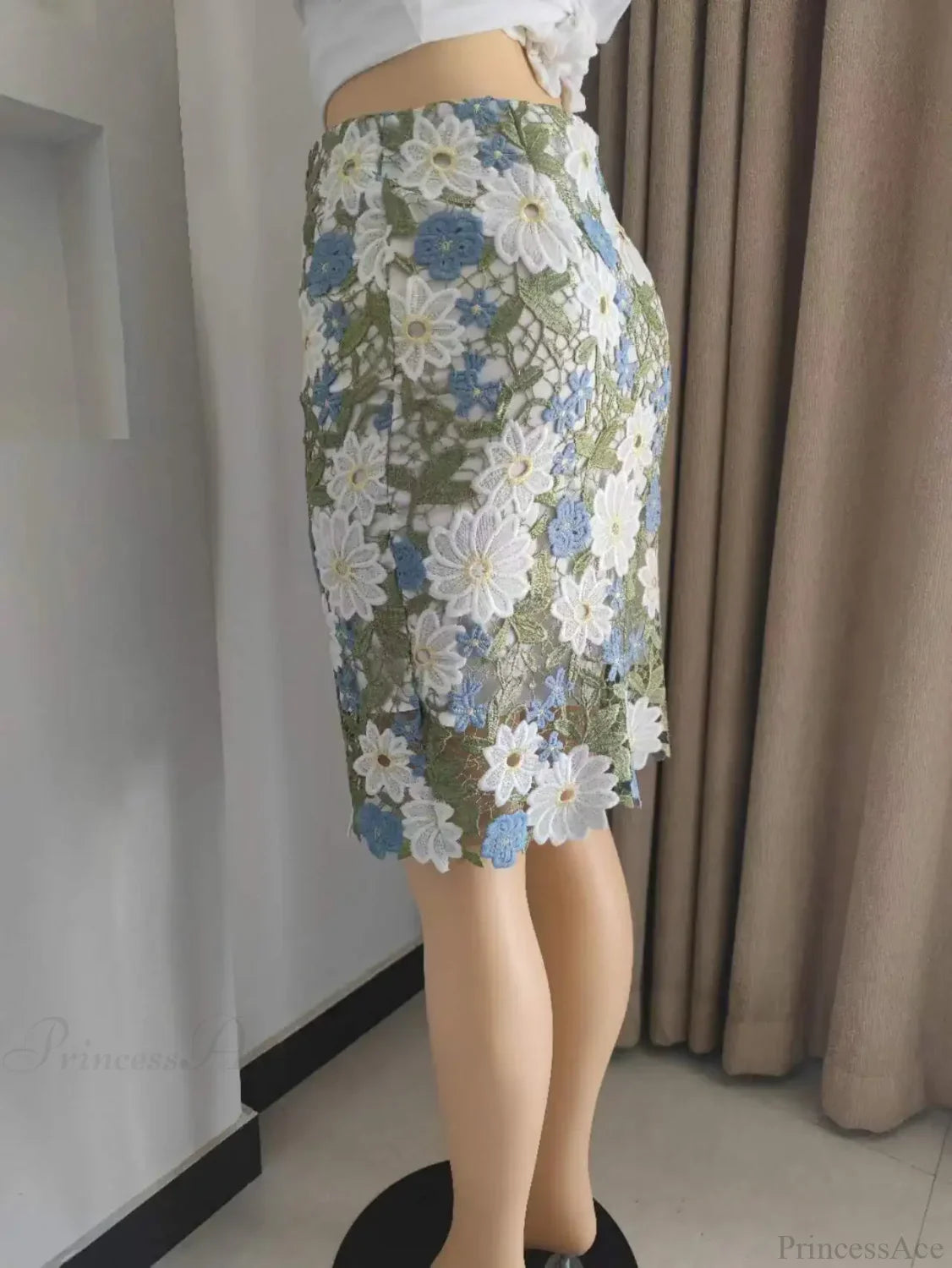 Green Lace Pencil Skirt Knee Length Bi-Material