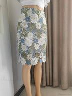 Green Lace Pencil Skirt Knee Length Bi-Material