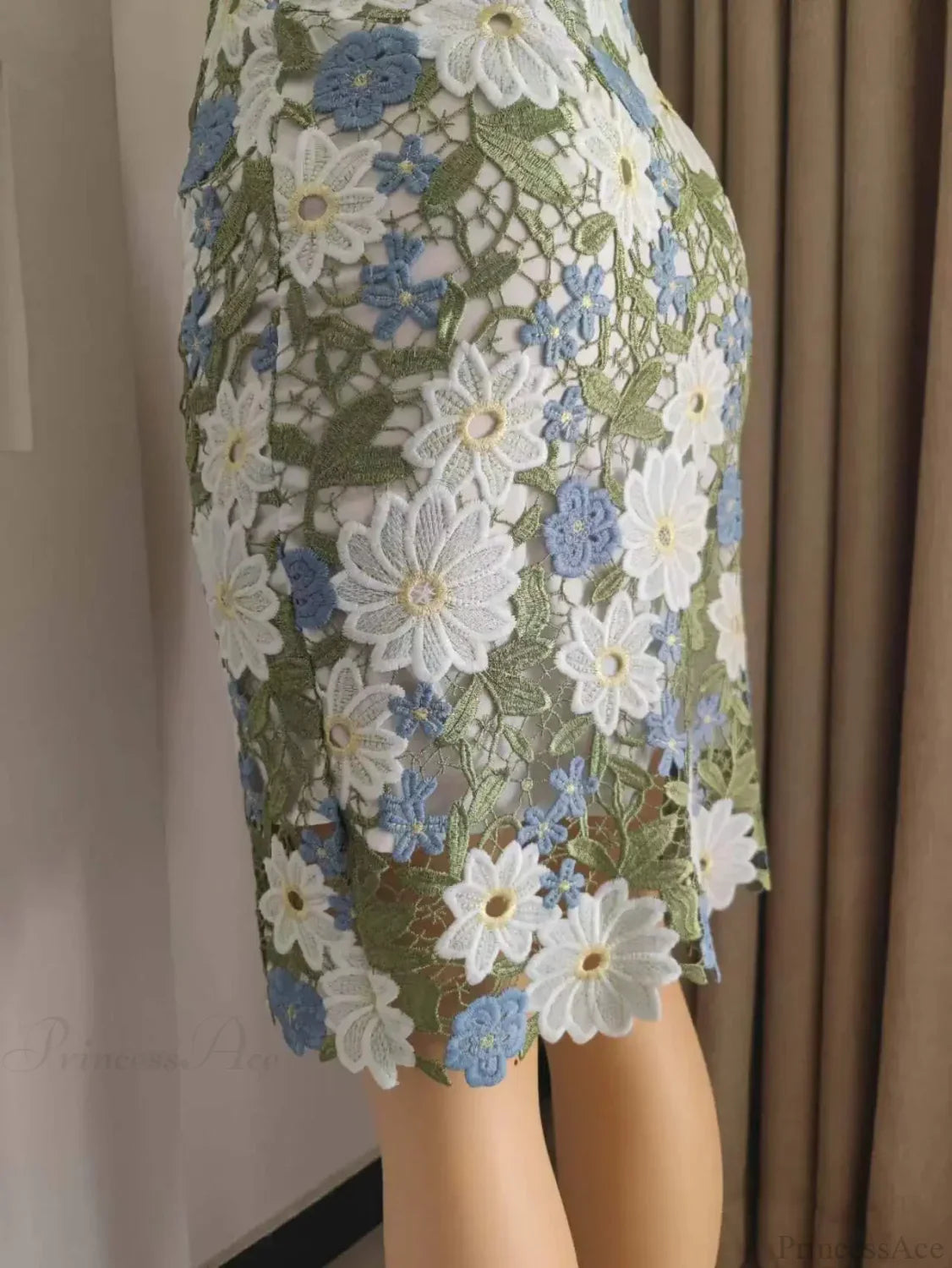 Green Lace Pencil Skirt Knee Length Bi-Material