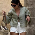 Green Linen Lace-Up Long Sleeve V-Neck Blouse