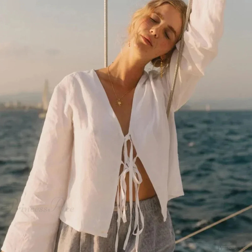 Green Linen Lace-Up Long Sleeve V-Neck Blouse