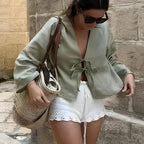 Green Linen Lace-Up Long Sleeve V-Neck Blouse