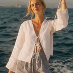 Green Linen Lace-Up Long Sleeve V-Neck Blouse