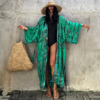 Green Printed Silky Kimono Robe Boho Cover Up