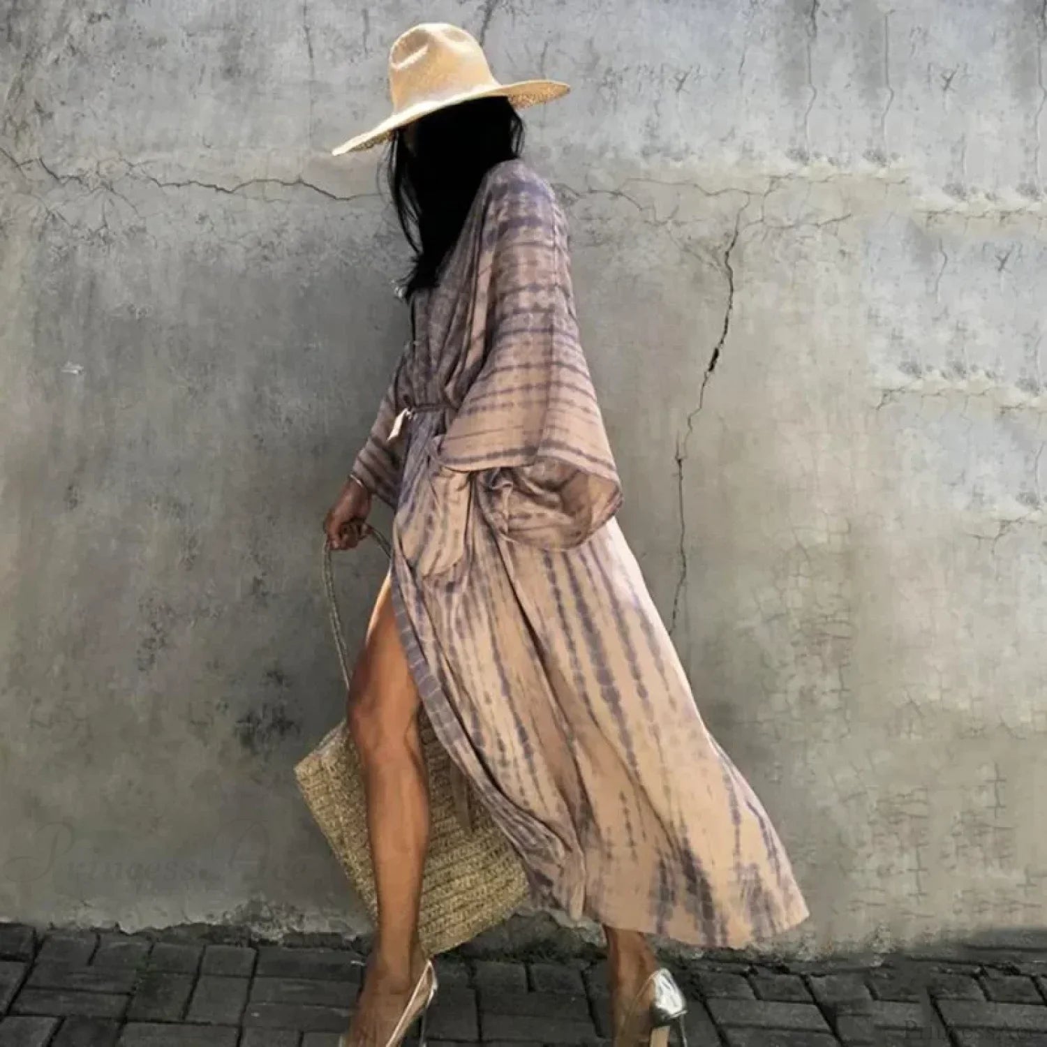 Green Printed Silky Kimono Robe Boho Cover Up