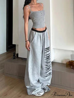 Grey Baggy Stylish Slit Patchwork Sweatpants&Nbsp;