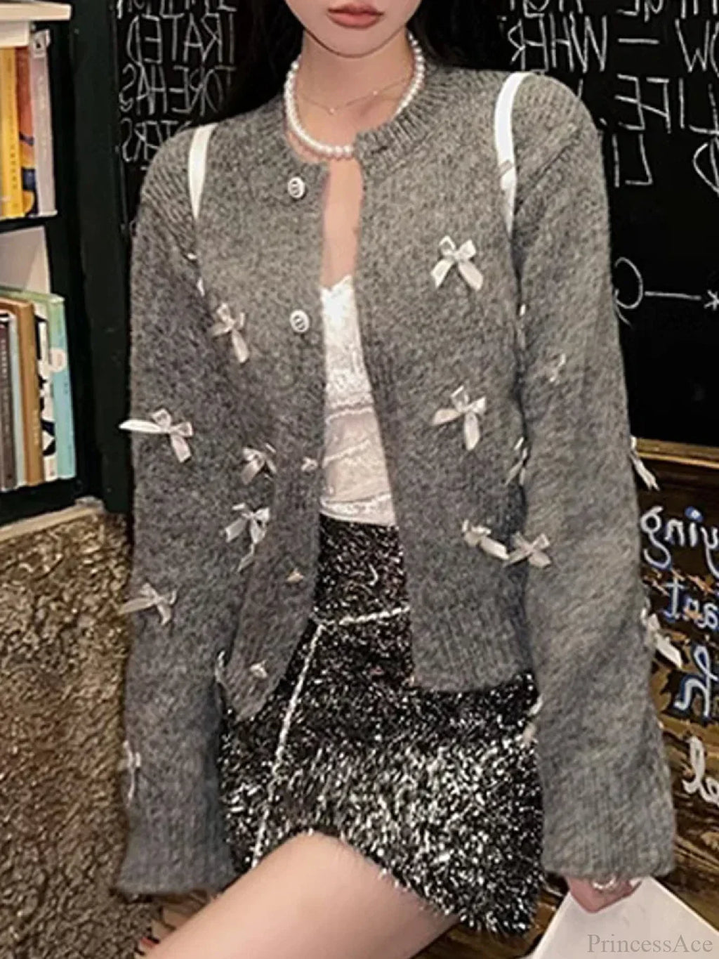 Grey Bow O-Neck Cardigan
