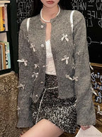 Grey Bow O-Neck Cardigan