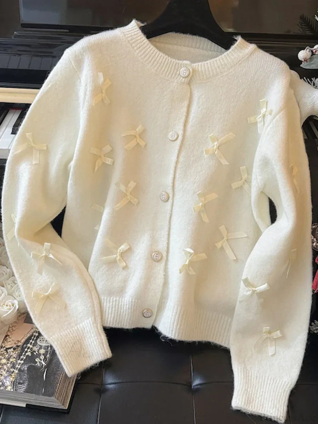 Grey Bow O-Neck Cardigan
