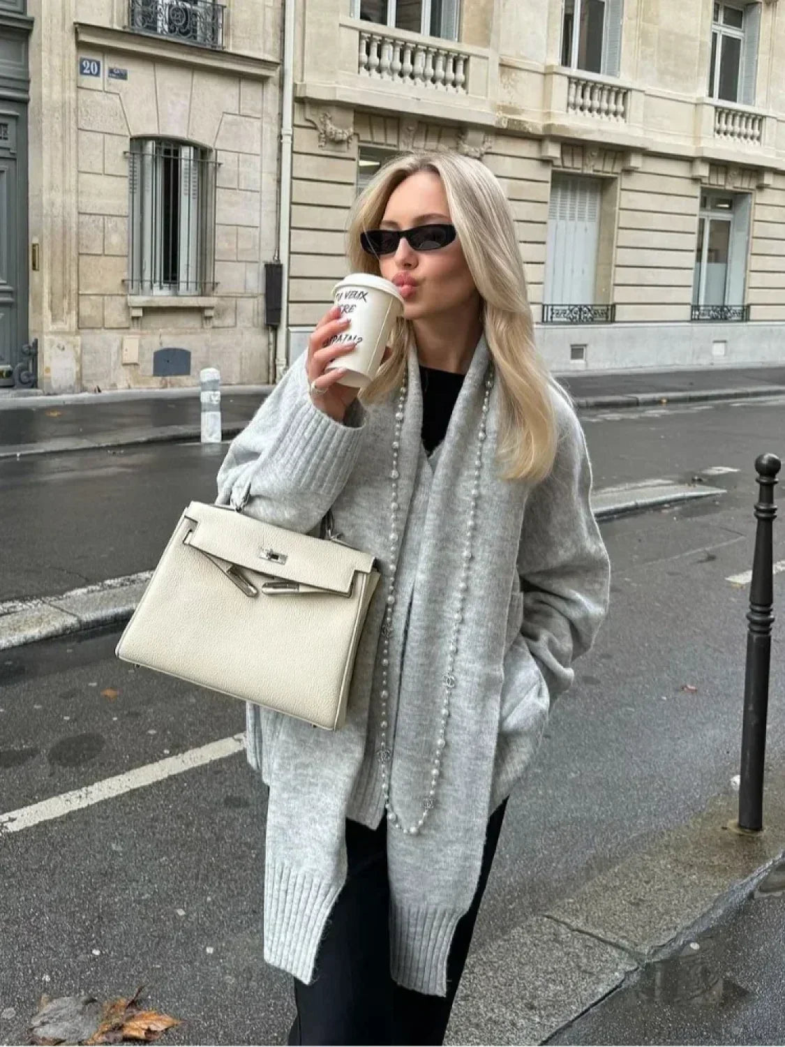 Grey Scarf Collar Loose Cashmere Cardigan