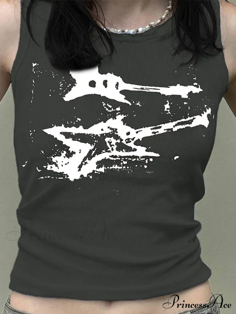 Guitar Print Sleeveless Y2K Casual Ribbed Women Crop Harajuku Vest 90S Street Outfits Tank Top