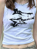Guitar Print Sleeveless Y2K Casual Ribbed Women Crop Harajuku Vest 90S Street Outfits Tank Top