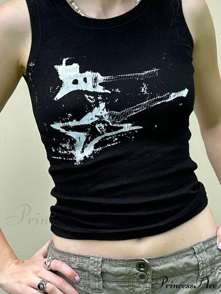 Guitar Print Sleeveless Y2K Casual Ribbed Women Crop Harajuku Vest 90S Street Outfits Tank Top
