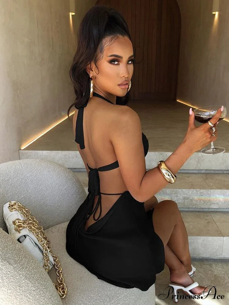 Halter Backless Bandage Women Slim Bodycon Hollow Out Warm-Season Mini Strapless Party Gown Dress